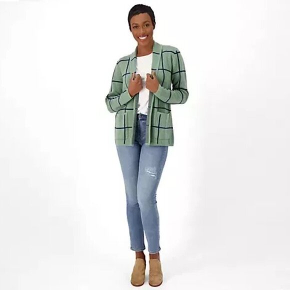 Denim & Co. Jacquard OneButton Sweater Coat XS Navy Blue Red Pockets A547123NEW - Picture 2 of 5